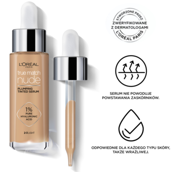 L'Oréal True Match Nude, serum w podkładzie z 1% kwasem hialuronowym, butelka z pipetą i kroplą.