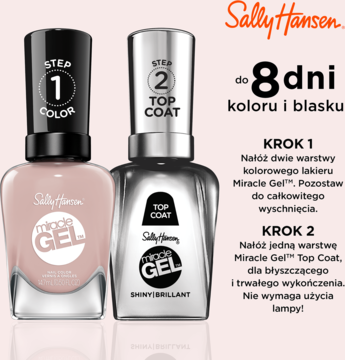 Dwuetapowy Sally Hansen Miracle Gel do paznokci: różowy kolor i srebrny top coat, trwałość do 8 dni.