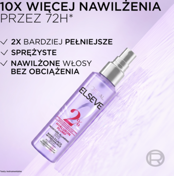 L'Oréal Elseve Hyaluron Plump serum do włosów, fioletowa butelka z atomizerem, widok pod kątem na tle haseł o nawilżeniu.