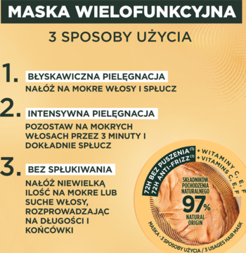 Instrukcja użycia maski Garnier Fructis: 3 sposoby (spłukiwana, intensywna, bez spłukiwania). Anty-puszenie 72h.