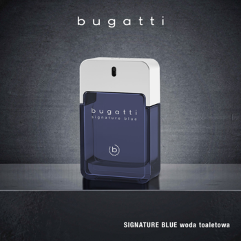 Elegancka ciemnoniebieska butelka Bugatti Signature Blue, woda toaletowa, z białym korkiem, widok z przodu na ciemnym tle.
