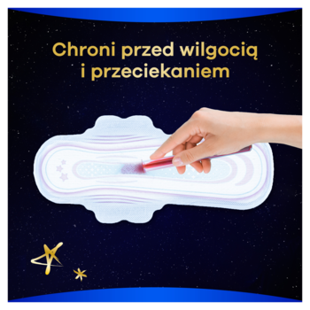 Podpaska Always Ultra Secure Night Extra, ręka wylewa płyn, symbolizując ochronę przed przeciekaniem.
