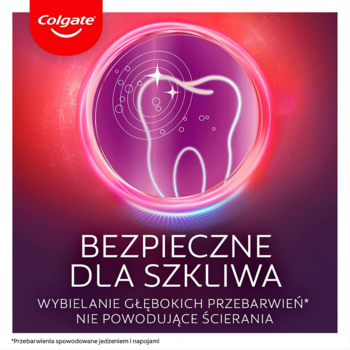 Colgate Max White Ultra: grafika wybielania zębów, symbol zęba z blaskiem i napis "Bezpieczne dla szkliwa".