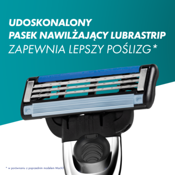 Gillette Mach3 Turbo, głowica maszynki z 3 ostrzami i niebieskim paskiem Lubrastrip, zapewniającym lepszy poślizg.