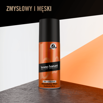 Dezodorant Bruno Banani Absolute Man w pomarańczowej puszce z czarną nakładką, widok z przodu, na tle czarno-biało-pomarańczowym.