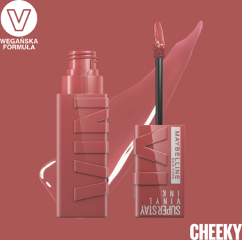 Maybelline Super Stay Vinyl Ink Cheeky. Pomadka winylowa, różowa, z połyskiem, na tle dopasowanym kolorystycznie. Wegańska.