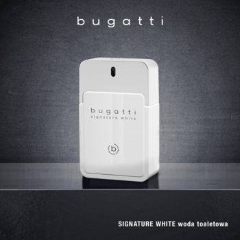 Biała butelka wody toaletowej Bugatti Signature White, męski zapach drzewno-owocowy, widok z przodu.