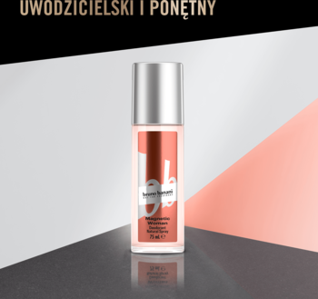Dezodorant Bruno Banani Magnetic Woman, przezroczysta butelka z różowym płynem i srebrną nakrętką, widok z przodu.