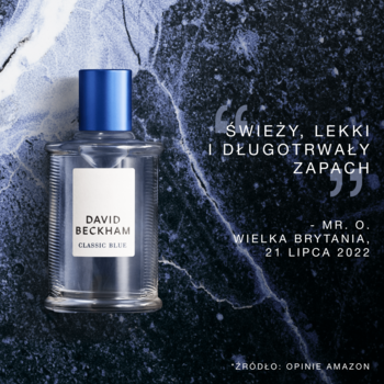 David Beckham Classic Blue woda toaletowa, szklana butelka z niebieską nakrętką, na ciemnym, marmurowym tle.