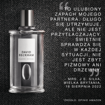 Przezroczysty flakon wody toaletowej David Beckham Classic Homme na tle szarego tweedu.