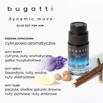 Bugatti Dynamic Move Blue EDT męskie, elegancka niebieska butelka, cytryna, lawenda i przyprawy na białym tle.