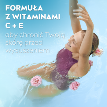 NIVEA Blooming Garden żel: uśmiechnięta kobieta w wodzie z różami, tekst o witaminach C+E dla ochrony skóry.