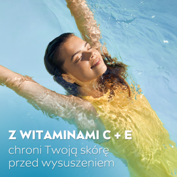 NIVEA Tropical Sunrise Żel: uśmiechnięta kobieta w błękitnej wodzie, tekst o witaminach C+E dla nawilżonej skóry.