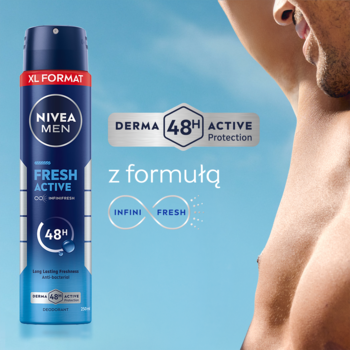 NIVEA MEN Fresh Active dezodorant w sprayu, niebieska puszka XL, z napisem 48h ochrona INFINIFRESH, obok ramienia mężczyzny.