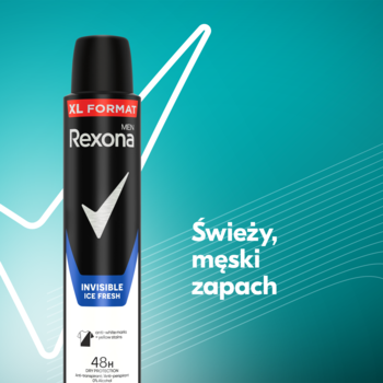 Rexona Men Invisible Ice Fresh, czarny antyperspirant w aerozolu, męski zapach, na tle turkusowym.