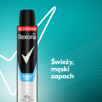 Rexona Men Cobalt Dry antyperspirant w czarnej puszce, z niebieskimi akcentami, na turkusowym tle. Świeży, męski zapach.