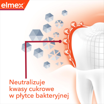 Grafika elmex Anti-Caries Professional Junior: ząb i neutralizacja kwasów cukrowych w płytce nazębnej.