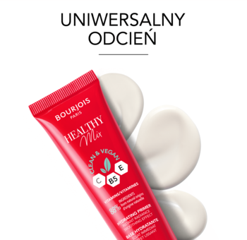 Nawilżająca baza pod makijaż Bourjois Healthy Mix Clean w czerwonej tubie, z wyciśniętym białym kremem.