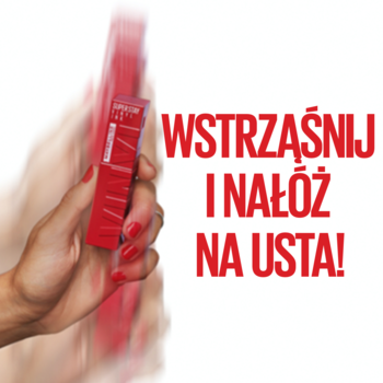 Ręka potrząsa czerwoną pomadką Maybelline Super Stay Vinyl Ink z widoczną instrukcją: WSTRZĄŚNIJ I NAŁÓŻ.