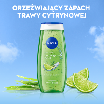 NIVEA nawilżający żel pod prysznic Lemongrass & Oil w zielonej butelce, widok z przodu, z limonkami i perełkami olejku.
