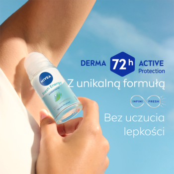 NIVEA Fresh Energy roll-on, błękitny, trzymany pod pachą na tle nieba. Obiecuje 72h aktywną ochronę.