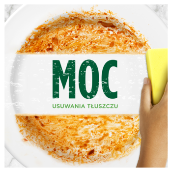 Tłusty talerz z czystą smugą od gąbki. Napis: MOC USUWANIA TŁUSZCZU. Demonstracja czyszczenia.