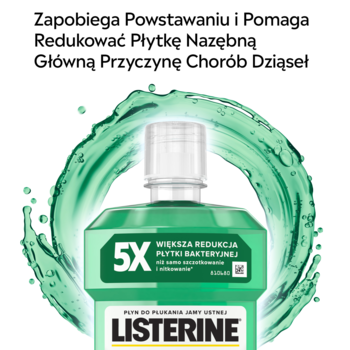 Zielony płyn Listerine Fresh Burst do płukania ust, redukujący płytkę nazębną. Butelka otoczona wirkiem.