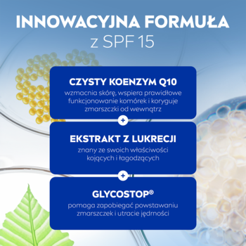 Grafika: Innowacyjna formuła kremu NIVEA z SPF 15. Trzy niebieskie panele opisują składniki: Q10, lukrecję i Glycostop.