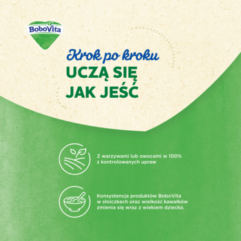 BoboVita: zielono-beżowa reklama o nauce jedzenia, z hasłem i ikonami warzyw oraz konsystencji posiłków.