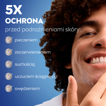 NIVEA MEN Sensitive balsam: Uśmiechnięty mężczyzna, 5X OCHRONA przed podrażnieniami skóry po goleniu.