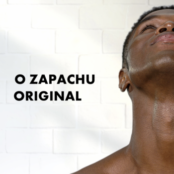 Zbliżenie mężczyzny z gładką, świeżą skórą po goleniu. Na tle napis: O ZAPACHU ORYGINAL, pianka Gillette Classic.