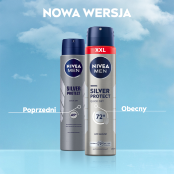 NIVEA MEN Silver Protect Quick Dry, obecny antyperspirant 72h i poprzedni 48h w srebrnych sprayach, na tle chmur.