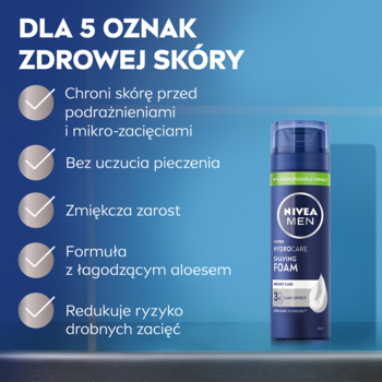 NIVEA MEN Protect & Care Pianka do Golenia, niebiesko-biała puszka, na tle 5 korzyści dla zdrowej skóry, w tym aloes.