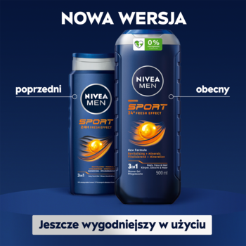 NIVEA MEN SPORT: porównanie starej i nowej, wygodniejszej butelki żelu 3w1, na granatowym tle. NOWA WERSJA.