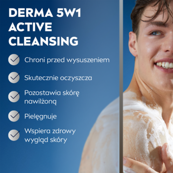Reklama DERMA 5W1 ACTIVE CLEANSING: lista korzyści produktu i uśmiechnięty mężczyzna z pianą pod prysznicem.