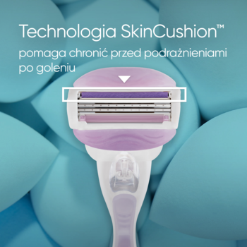 Fioletowa głowica Gillette Venus Comfortglide Breeze, 3 ostrza, paski żelowe SkinCushion zapobiegające podrażnieniom.
