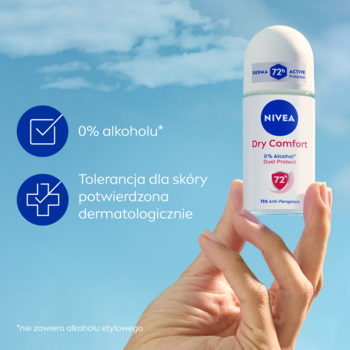 NIVEA Dry Comfort antyperspirant w kulce w dłoni, biało-niebieski. Obok: 0% alkoholu, tolerancja dermatologiczna.