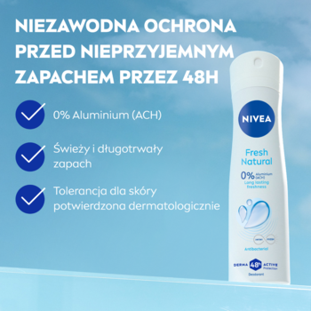 Dezodorant NIVEA Fresh Natural w białym sprayu, widok z przodu, z niebieskim tłem i opisem 48h ochrony.
