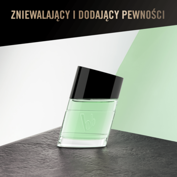 Zielona, pochylona butelka wody toaletowej Bruno Banani Made for Men, z czarną nakrętką, na dwukolorowym tle.