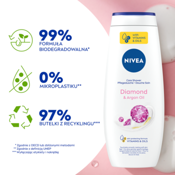 Biała butelka żelu NIVEA Diamond & Argan Oil, widok z przodu, z grafiką eko po lewej stronie.