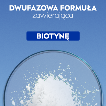 NIVEA Płyn do demakijażu: "Dwufazowa formuła zawierająca Biotynę" na niebieskim tle i proszek w szklanej miseczce.