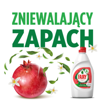 Fairy płyn do naczyń o zapachu granatu w białej butelce z czerwoną nakrętką, z owocem granatu i napisem ZAPACH.