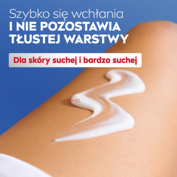Na jasnej skórze biały NIVEA Regenerujący Balsam, falista smuga. Wchłania się szybko, nie tłuści, dla suchej skóry.