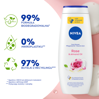 Biały żel NIVEA Rose & Almond Oil. Etykieta i ikony: 99% biodegradacji, 0% mikroplastiku, 97% z recyklingu.