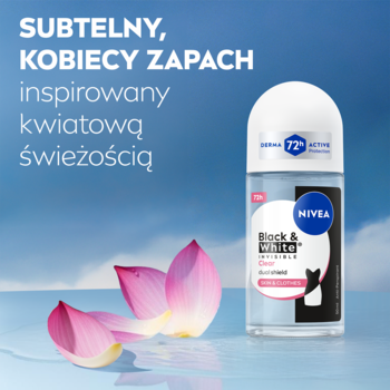 Nivea Black & White Clear Antyperspirant roll-on 72h, biały korek, na tle wody i kwiatowych płatków lotosu, widok z przodu.