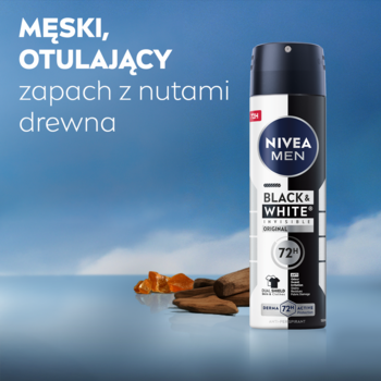 Nivea Men Black & White 72h antyperspirant spray z nutami drewna, widok butelki obok kawałków drewna.