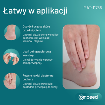 Instrukcja aplikacji plastra Compeed na pęcherze, krok po kroku, ze zbliżeniem na stopę z plastrem.