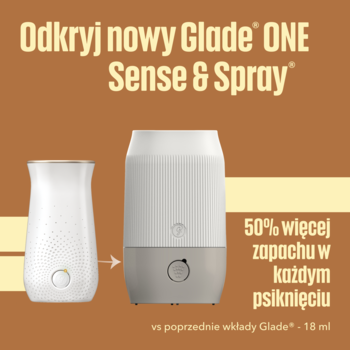 Nowy biało-szary Glade ONE Sense & Spray. Inteligentny odświeżacz z 50% więcej zapachu. Widok dwóch modeli.