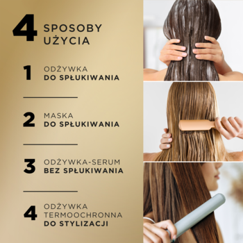 Kolaż instrukcji: 4 sposoby użycia odżywki Pantene, pokazujące aplikację, rozczesywanie i stylizację włosów.