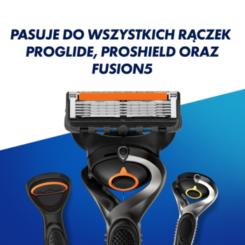 Gillette ProGlide ostrza i 3 rączki na tle niebiesko-białym. Napis: "Pasuje do wszystkich rączek ProGlide, ProShield oraz Fusion5".